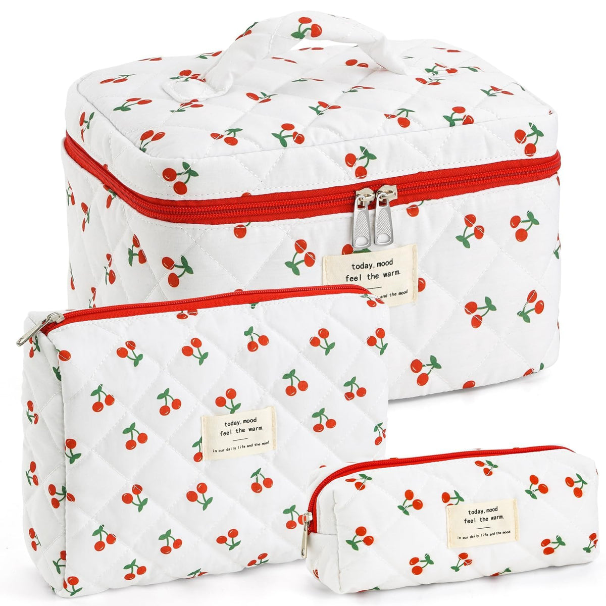 Makeup Bag for Women 3PCS Quilted Cotton Make Up Bag Travel Cosmetic Bag Large Makeup Bag Set Cute Makeups Organizer Floral Toiletry Pouch for Purse, Pink Floral D