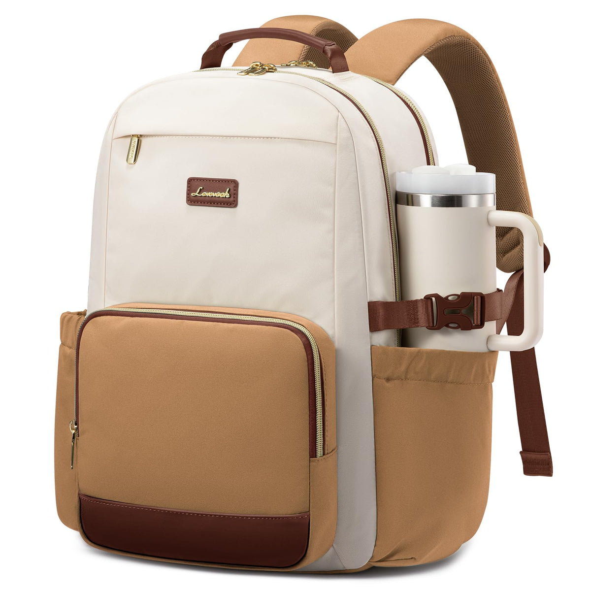 LOVEVOOK Laptop Backpack for Women with Pouch Pocket for Large Capacity Cup,15.6 Inch Laptop Computer Bag Travel Backpack Purse,Waterproof Work Business Backpack College Teacher Bags,Beige-Black-Brown