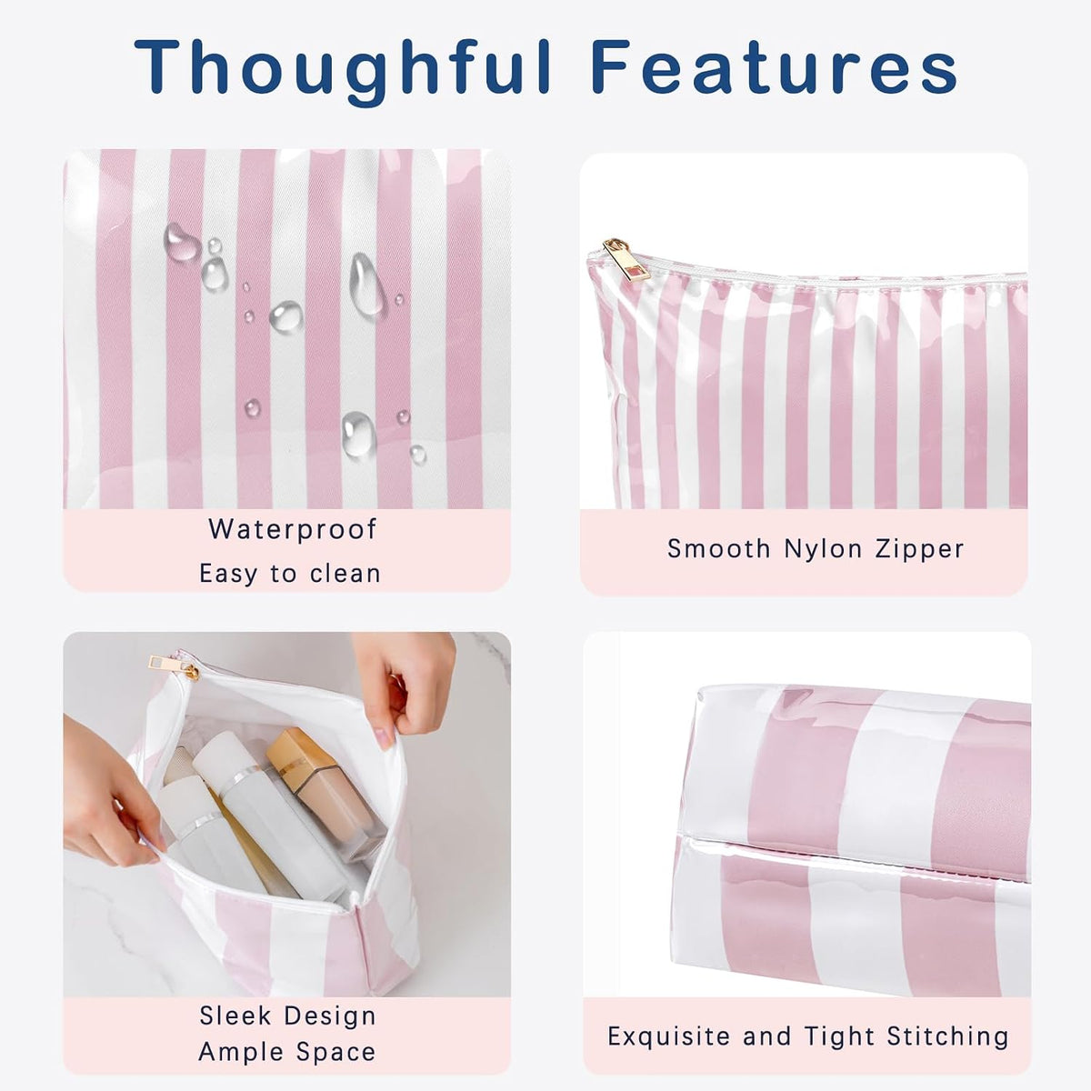 Large PVC Waterproof Striped Makeup Bag(04Pink Stripe)