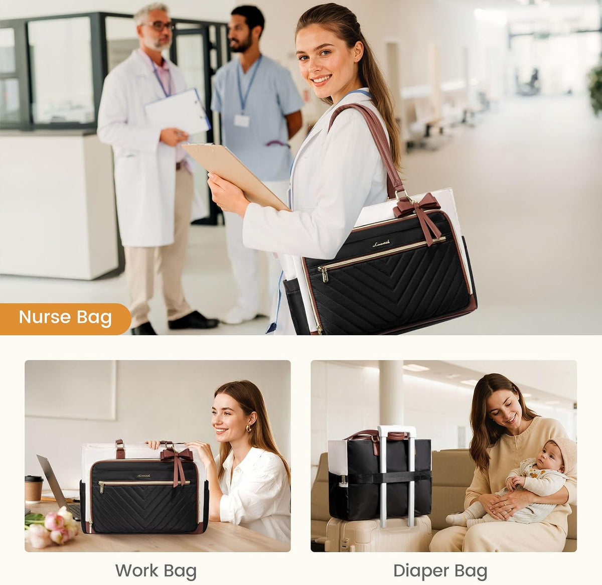 LOVEVOOK Teacher Tote Bag for Women, Work Laptop Bag Gift with Large Cup Holder, Quilted Nurse Bag Diaper Tote with Multi-Pockets, Large Computer Handbag Purse for Bussiness Travel, Office, College
