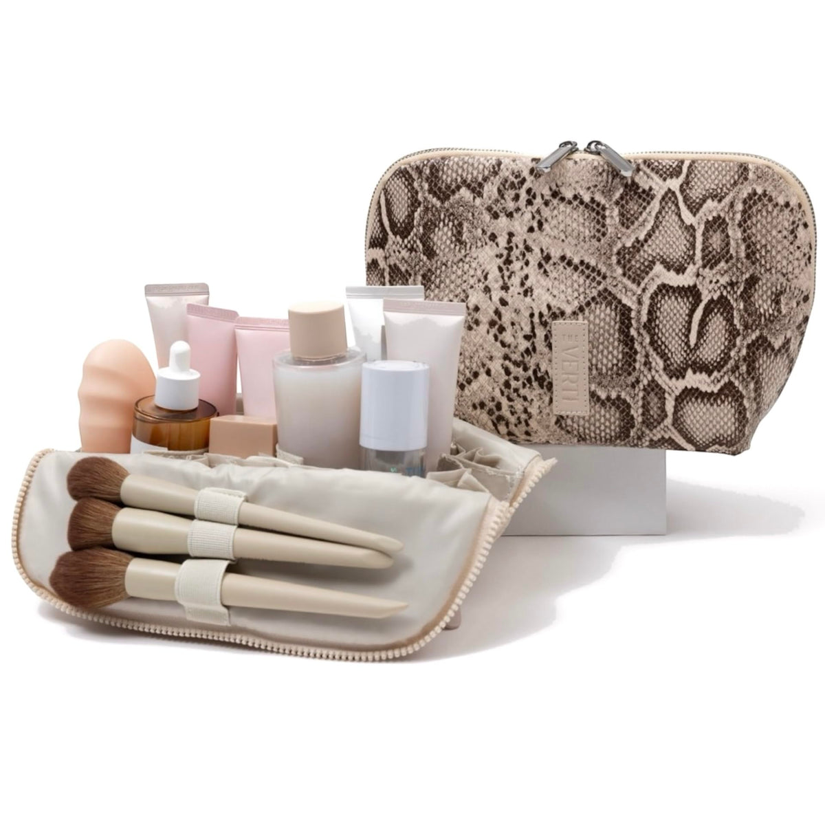 THE VERTI-Vertical Waterproof Makeup & Toiletry Bag | 23-Pocket Organizer with Upright, Fold-Down Design for Skincare, Toiletries & Essentials (Sandstone)
