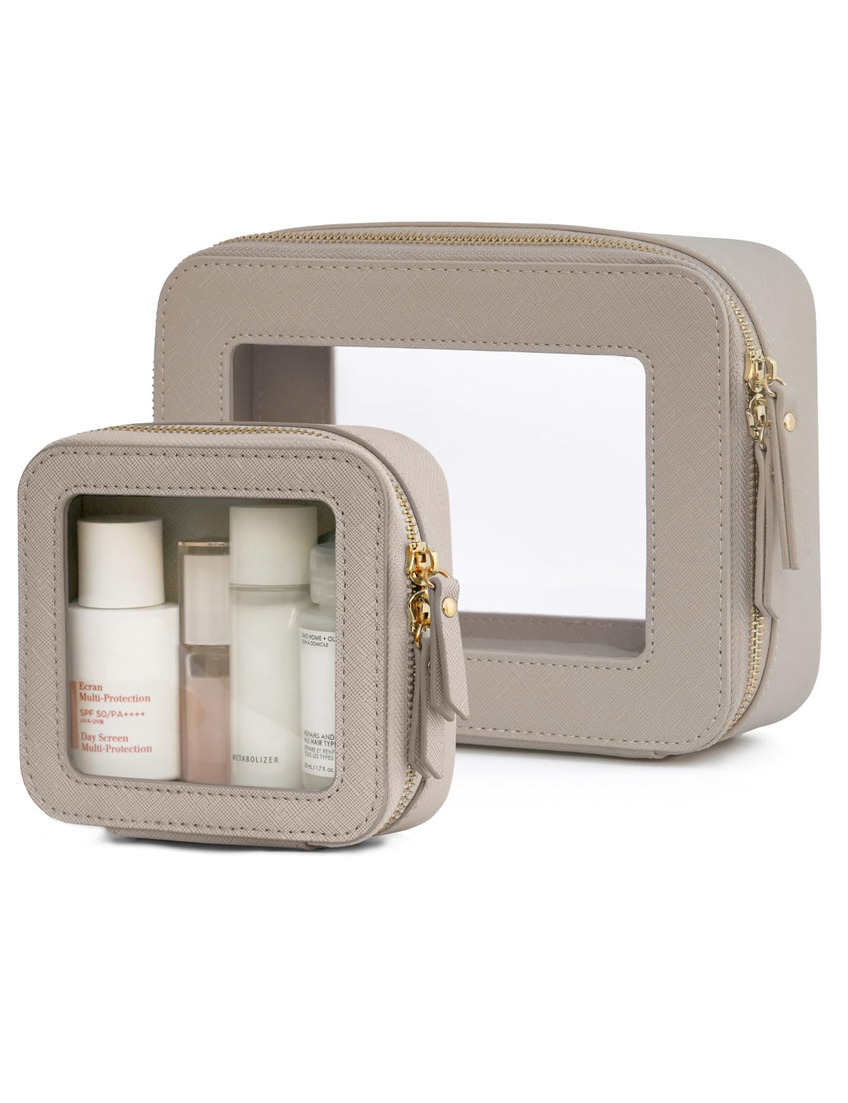 Popvibe Clear Makeup Bag Travel Cosmetic Case Transparent Toiletry Bag with Zipper, Portable Make Up Organizer Traveling Compact Car Bag for Essentials, Gold, Large