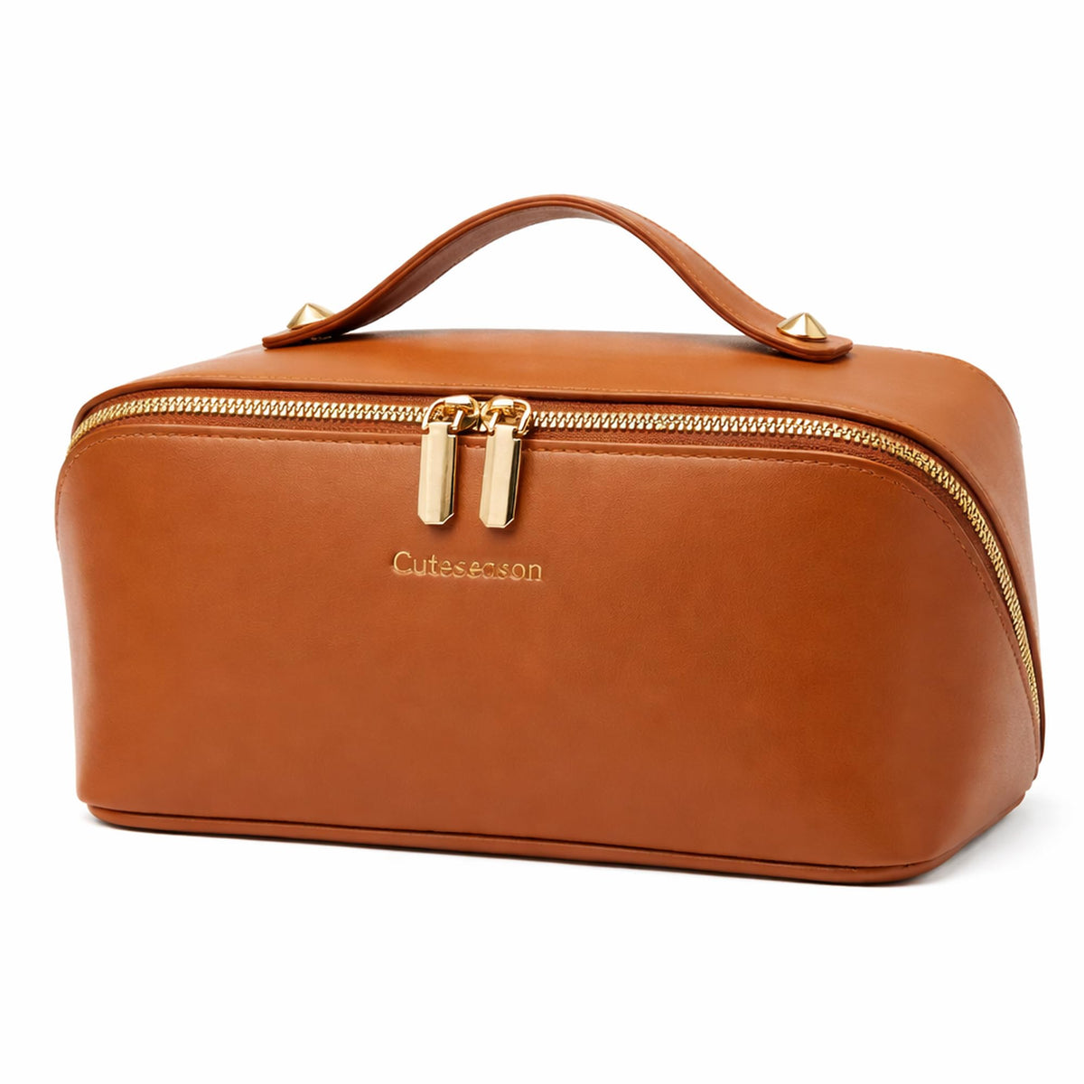 PU Leather Makeup Bag for Women, Structured Makeup Case with Wide Opening, Travel Cosmetic Bag with Compartments and Handle, Water-Resistant Makeup Organizer(Khaki, Lychee Grain)
