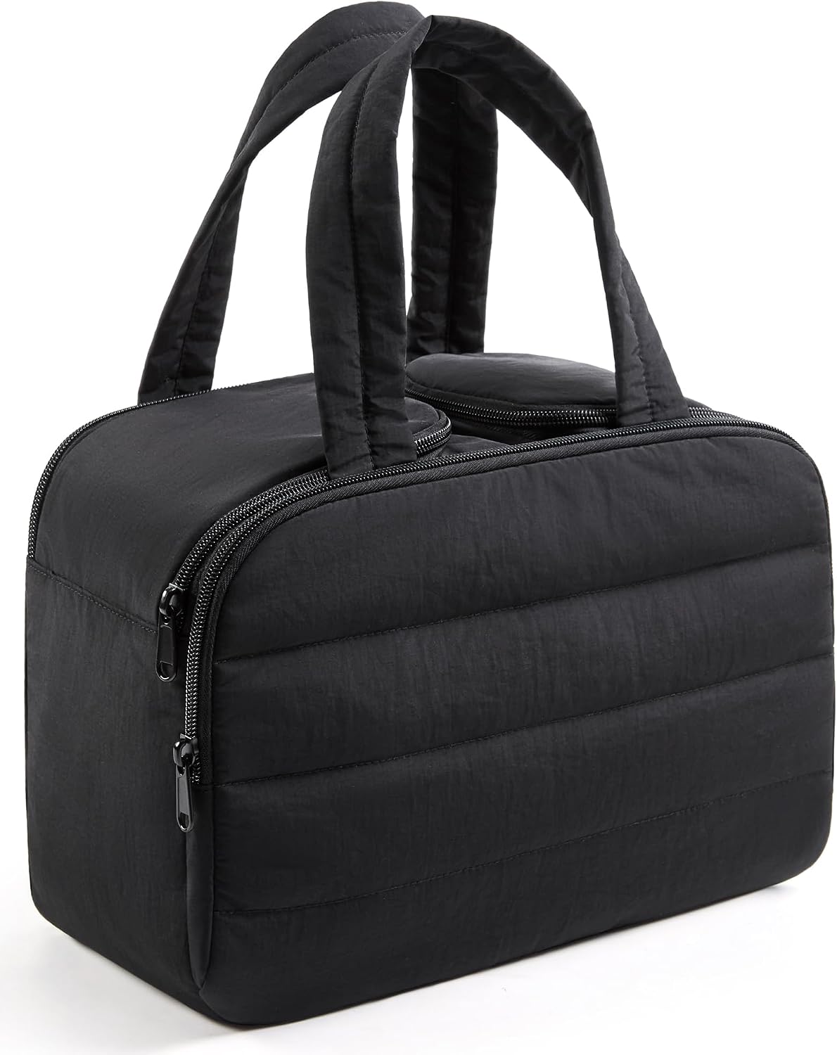 LIGHT FLIGHT Travel Toiletry Bag, Quilted Travel Makeup Cosmetic Bag Organizer, Toiletry Bags for Traveling Women, Make up Bag with Handle, Black