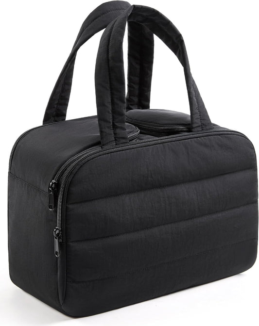 LIGHT FLIGHT Travel Toiletry Bag, Quilted Travel Makeup Cosmetic Bag Organizer, Toiletry Bags for Traveling Women, Make up Bag with Handle, Black