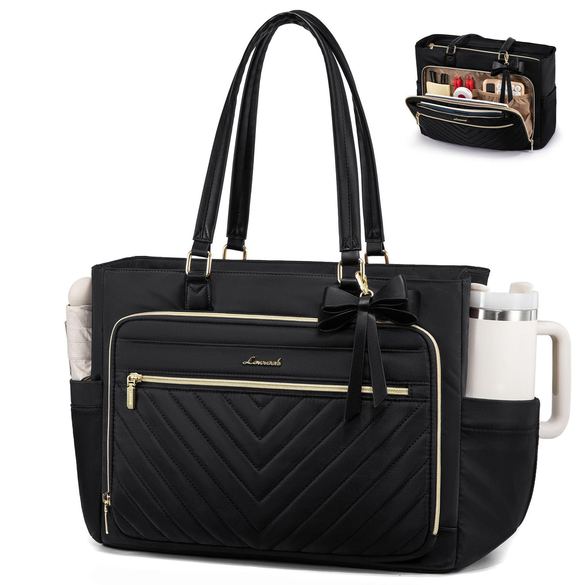 LOVEVOOK Teacher Tote Bag for Women, Work Laptop Bag Gift with Large Cup Holder, Quilted Nurse Bag Diaper Tote with Multi-Pockets, Large Computer Handbag Purse for Bussiness Travel, Office, College