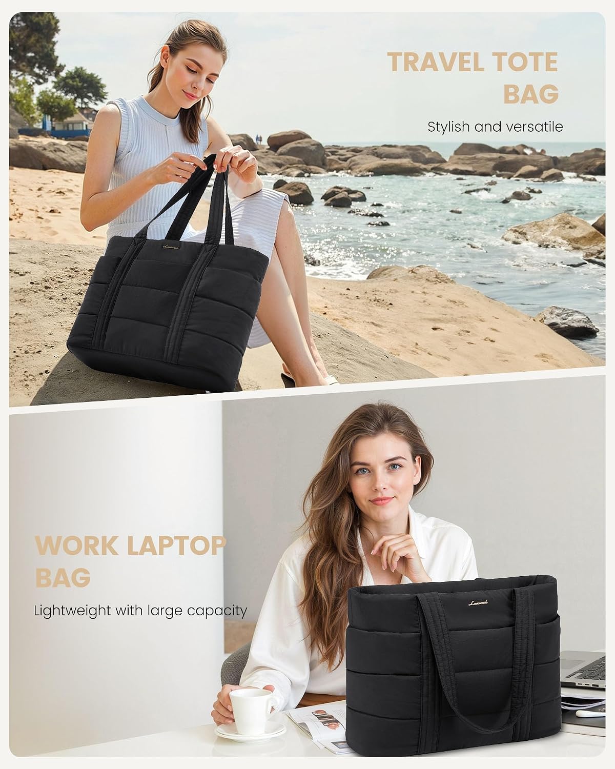 LOVEVOOK Tote Bag for Women, Large Puffer Work Tote Bag for 17.3 Inch Laptop, Lightweight Travel Bag with Zipper Gifts for Women