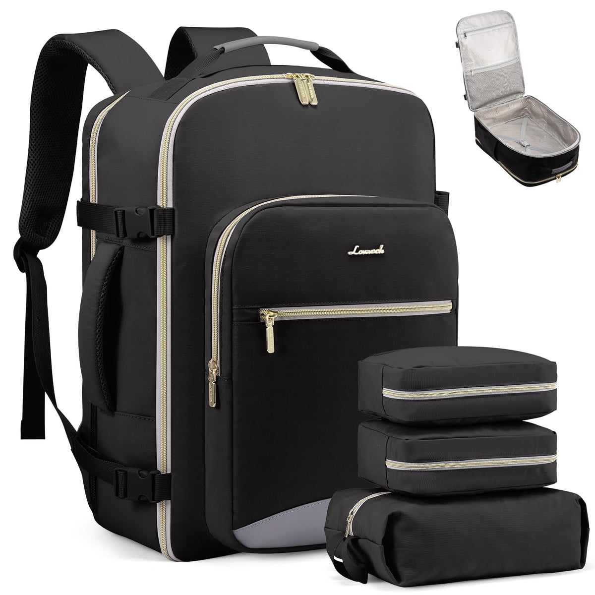 LOVEVOOK 40L Travel Backpack Flight Approved Carry on Backpack,3 Packing Cubes,Waterproof Personal Item Travel Bag,TSA Carry on Luggage Suitcase Travel Essentials,Gifts for Women & Men,fits 17" Laptop