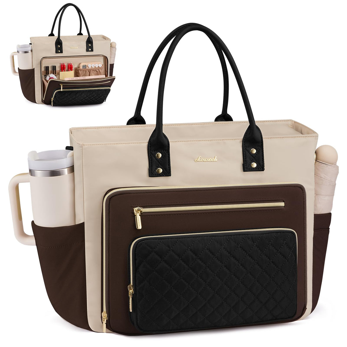 LOVEVOOK Teacher Tote Bag for Women Work, Laptop Bag With Large Cup Holder, Nurse Bags Professional Briefcase Business Computer Purses Bible Handbag Gifts, Black-Beige-Brown, 15.6 Inch