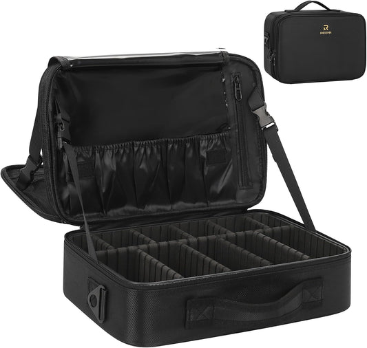 Relavel Makeup Bag Travel Makeup Train Case Large Cosmetic Case Professional Portable Makeup Brush Holder Organizer and Storage with Adjustable Dividers and Shoulder Strap Black