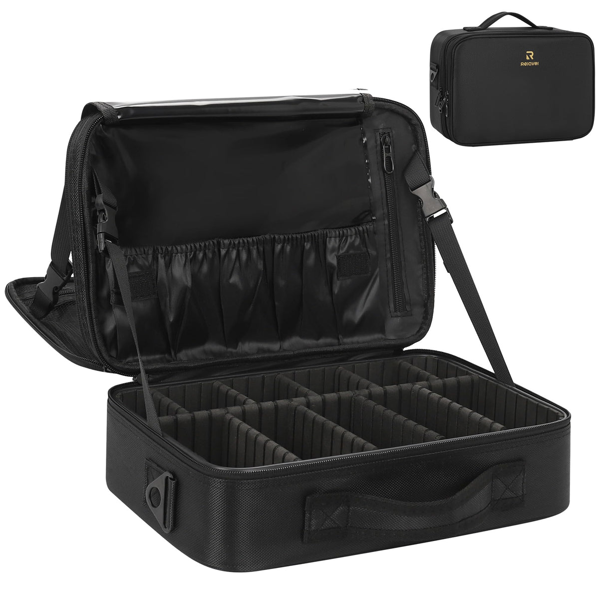 Relavel Makeup Bag Travel Makeup Train Case Large Cosmetic Case Professional Portable Makeup Brush Holder Organizer and Storage with Adjustable Dividers and Shoulder Strap Black