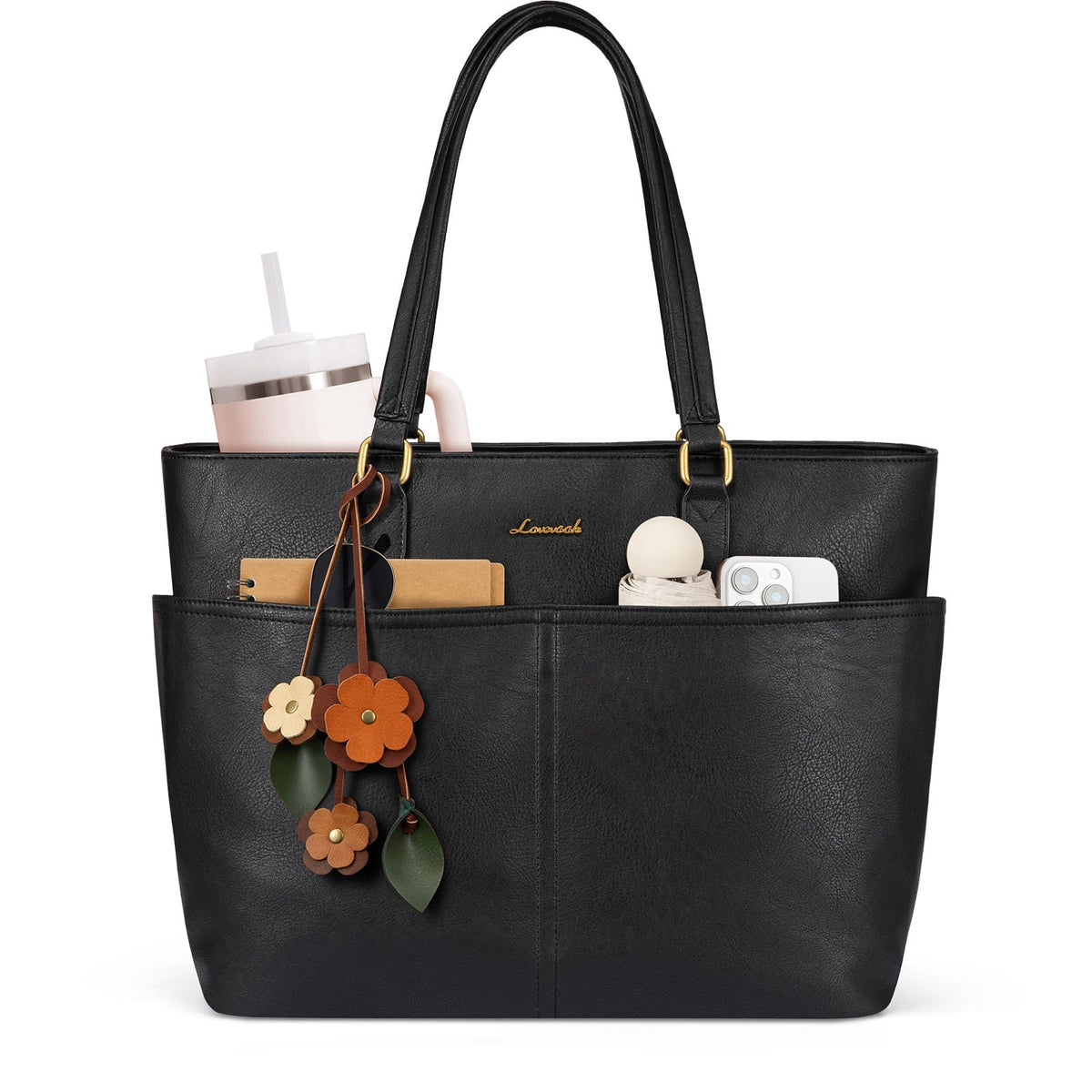 LOVEVOOK Work Tote Bags for Women, Vintage Leather 15.6 Inch Laptop Bag with Large Cup Holder, Teacher Nurse Medical Professional Computer Bag, Office Briefcase Handbag Gift