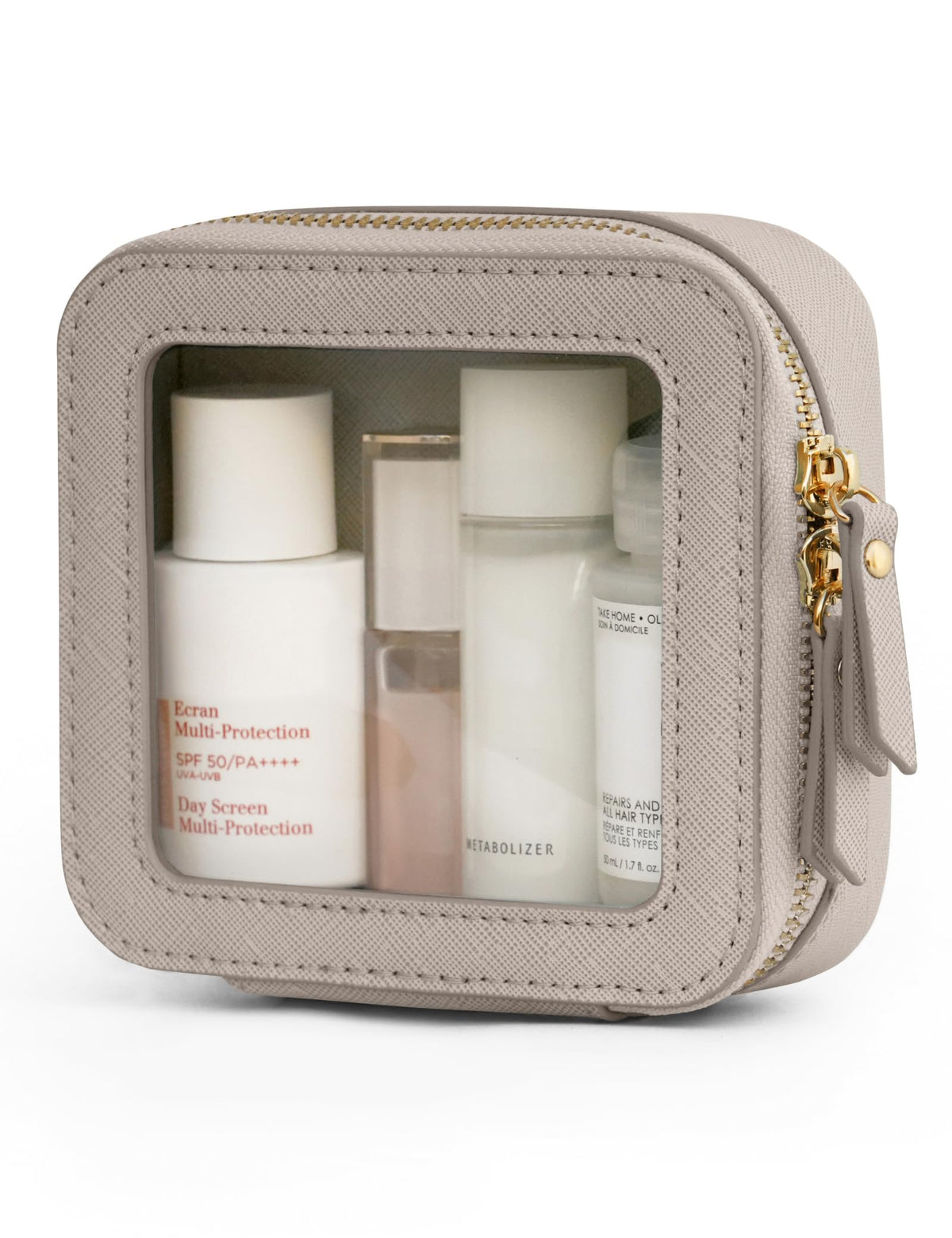 Popvibe Clear Makeup Bag Travel Cosmetic Case Transparent Toiletry Bag with Zipper, Portable Make Up Organizer Traveling Compact Car Bag for Essentials, Gold, Large