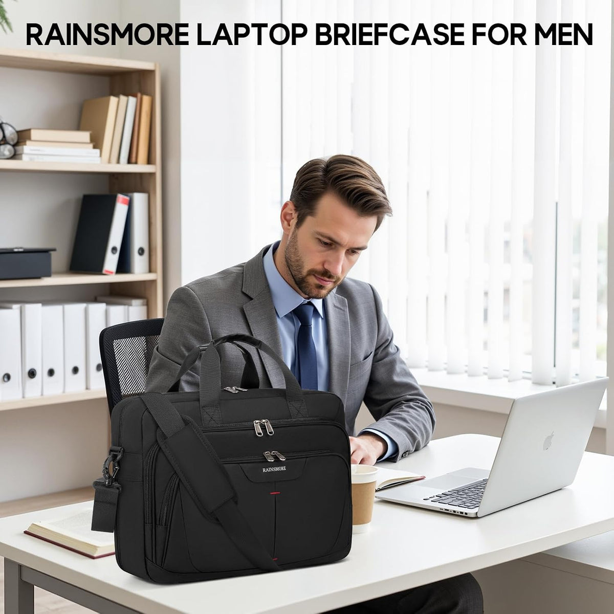 RAINSMORE 17.3" Expandable Mens Briefcase, Laptop Bag for Business Work
