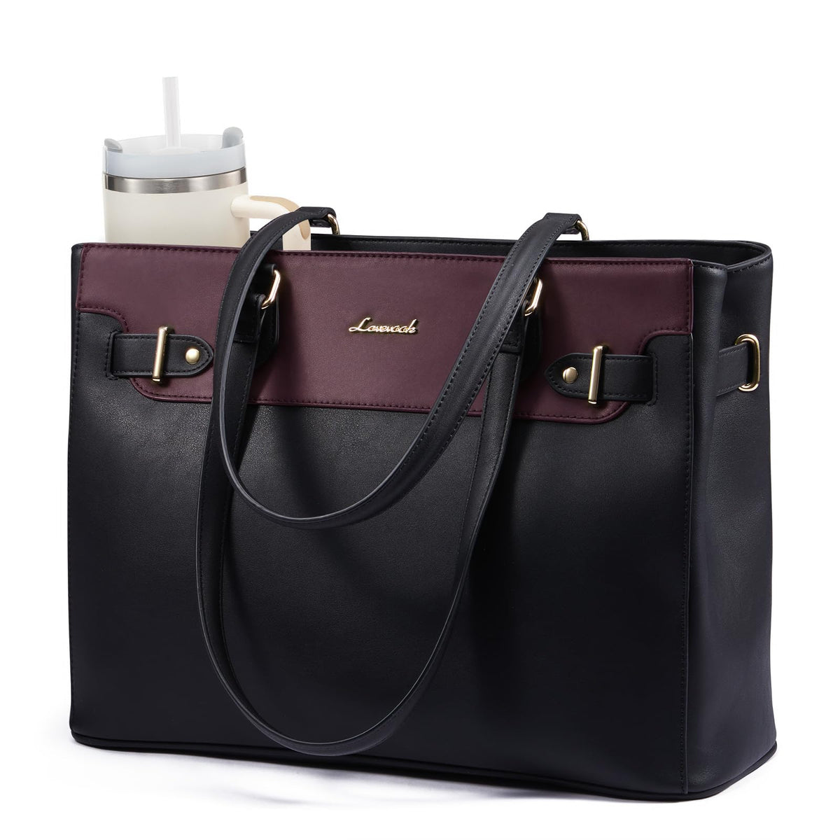 LOVEVOOK Laptop Tote Bag for Women Work, Teacher Tote Bag with Large Cup Holder, Waterproof Leather Computer Bag