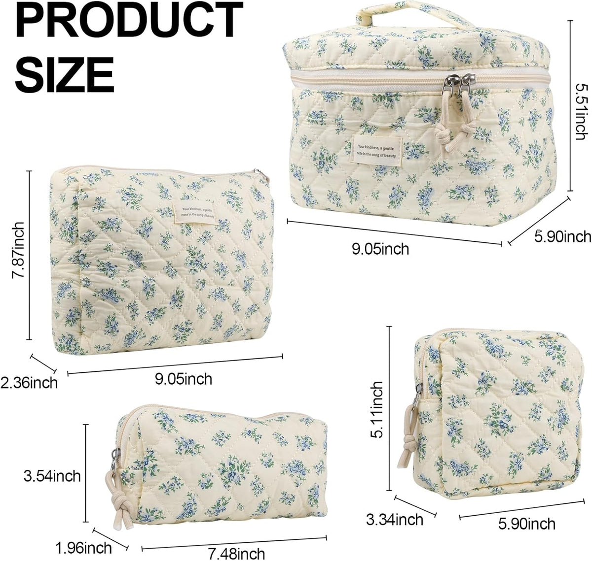VIWIME Makeup Cosmetic Bag, Large Cotton Quilted Travel Coquette Aesthetic Cute Floral Make up Bag for Women Toiletry Bag Organizer (203- Blue Rose / 4Pcs)