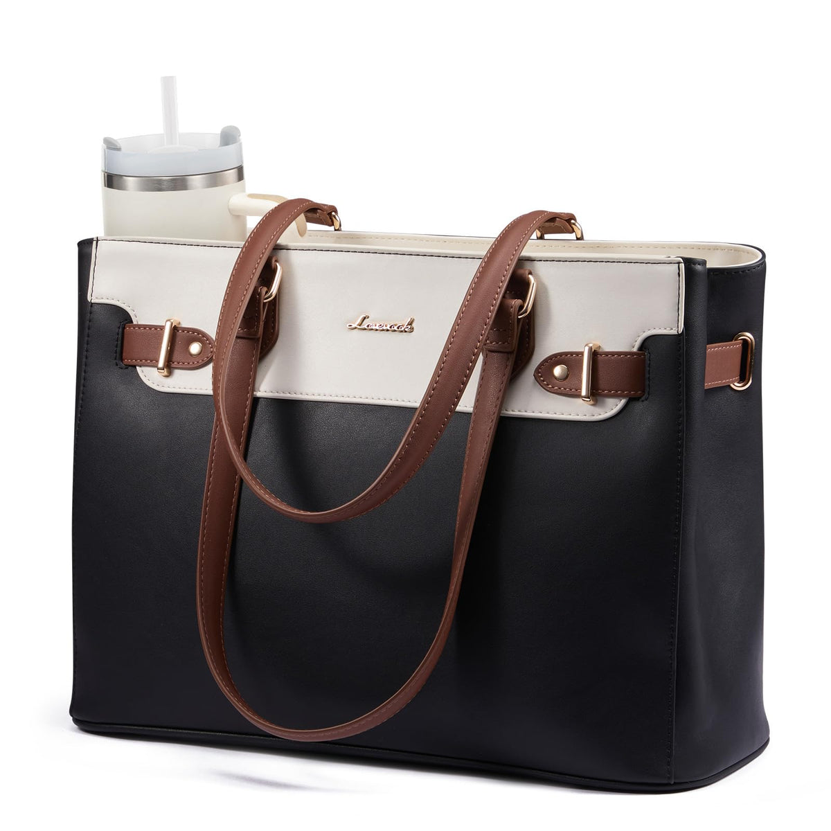 LOVEVOOK Laptop Tote Bag for Women Work, Teacher Tote Bag with Large Cup Holder, Waterproof Leather Computer Bag