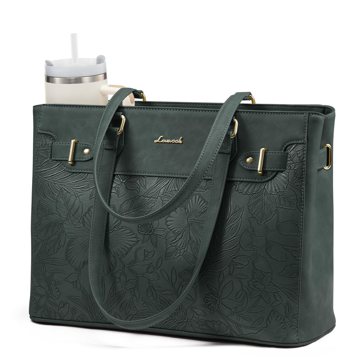 LOVEVOOK Laptop Tote Bag for Women Work, Teacher Tote Bag with Large Cup Holder, Waterproof Leather Computer Bag