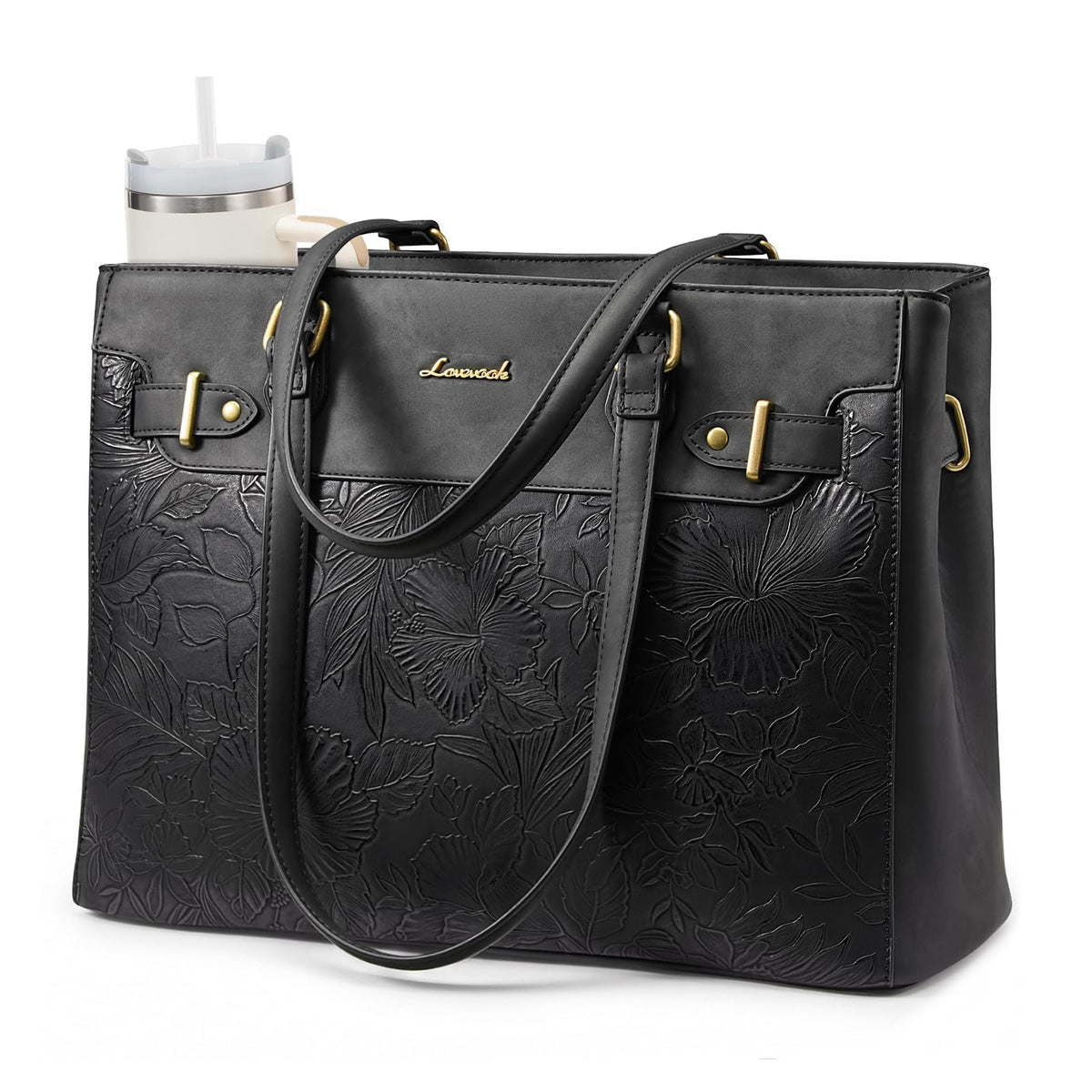 LOVEVOOK Laptop Tote Bag for Women Work, Teacher Tote Bag with Large Cup Holder, Waterproof Leather Computer Bag