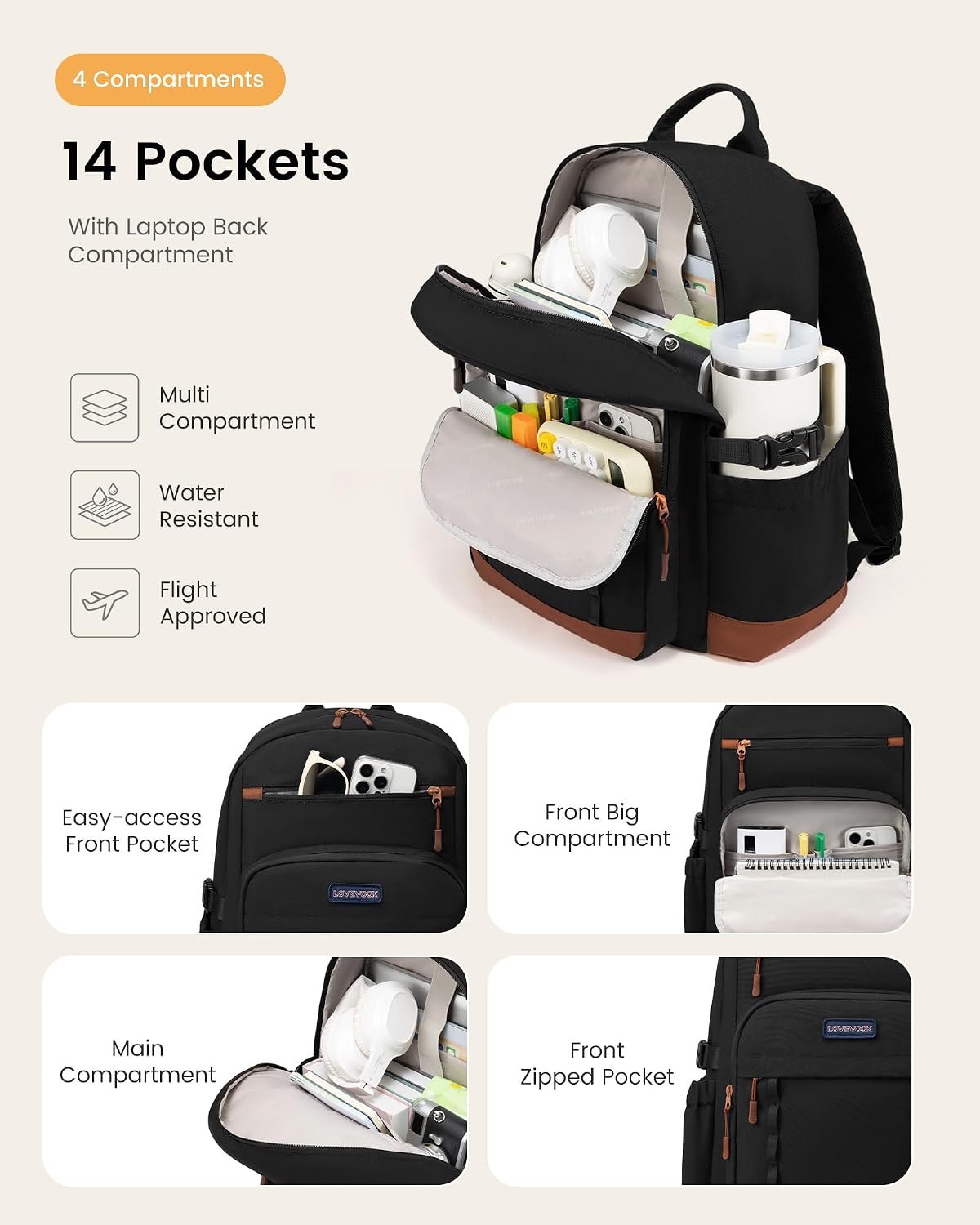 LOVEVOOK Laptop Backpack for Women Men with Large Cup Holder,15.6 Inch Work Travel Backpack Computer Laptop Bag,Waterproof Teacher Nurse College Business Office Carry on Backpack Purse,Back Pack Gifts