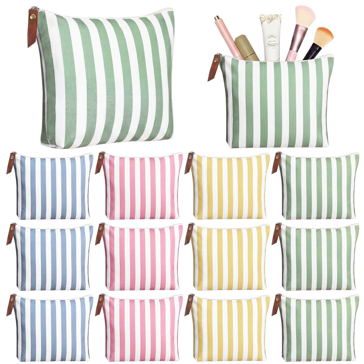 Hillban 12 Pcs Blue Striped Makeup Bags Bulk