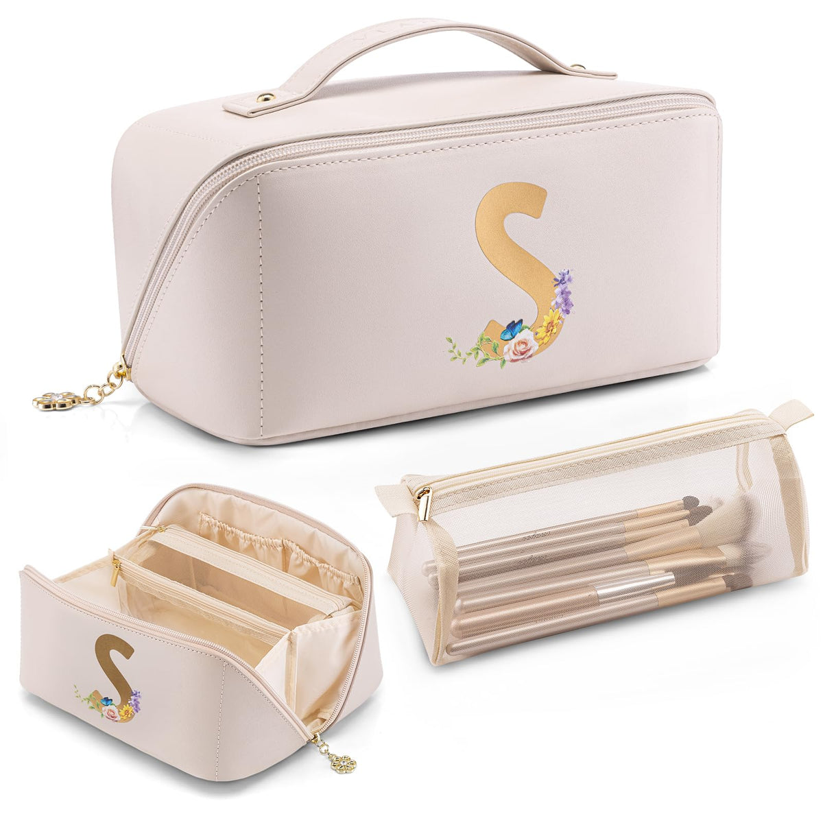 VLANDO Travel Makeup Bag with 180°Opening, Women Toiletry Case,Toffee