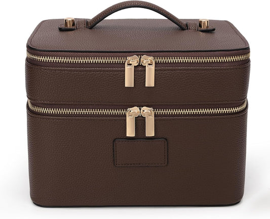 HiTotes Large Makeup Bag Duo Vanity Case for Women Leather Makeup Case Travel Toiletry Bag Portable Double Layer Cosmetic Bag