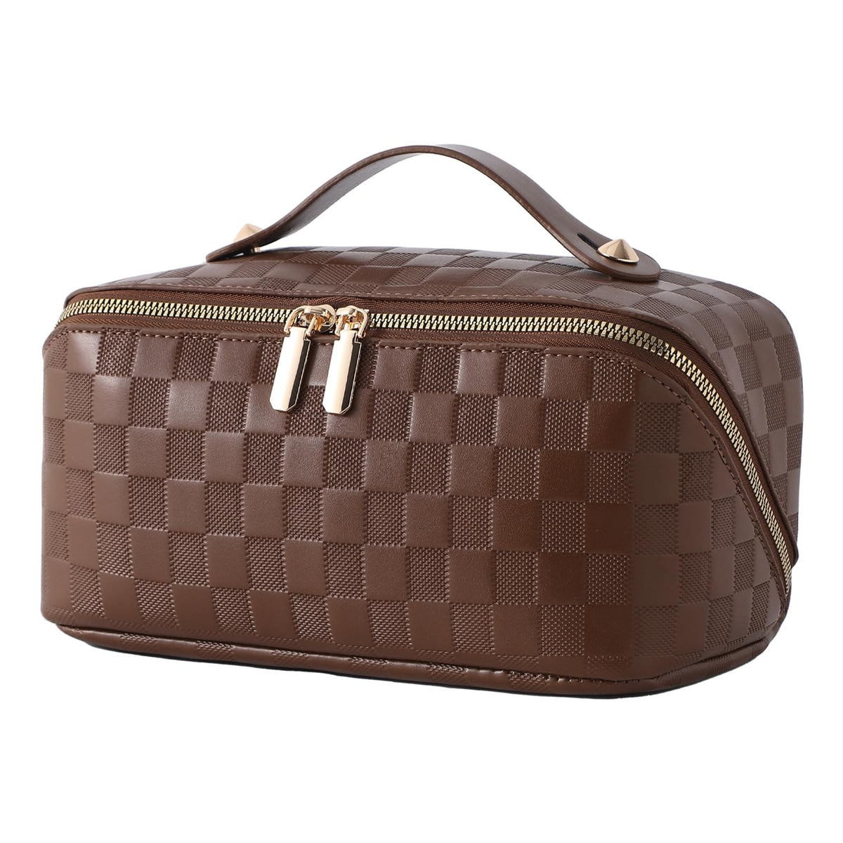 PU Leather Makeup Bag for Women, Structured Makeup Case with Wide Opening, Travel Cosmetic Bag with Compartments and Handle, Water-Resistant Makeup Organizer(Khaki, Lychee Grain)