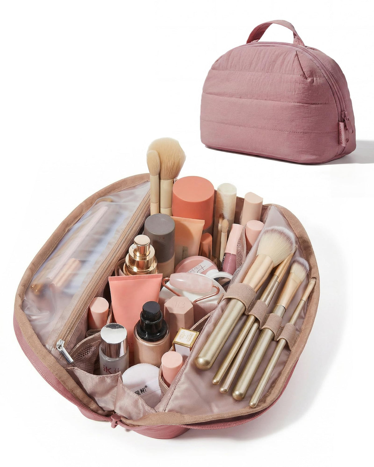 BAGSMART Travel Makeup Bag, Fold-Down Cosmetic Pouch for Women, Pink