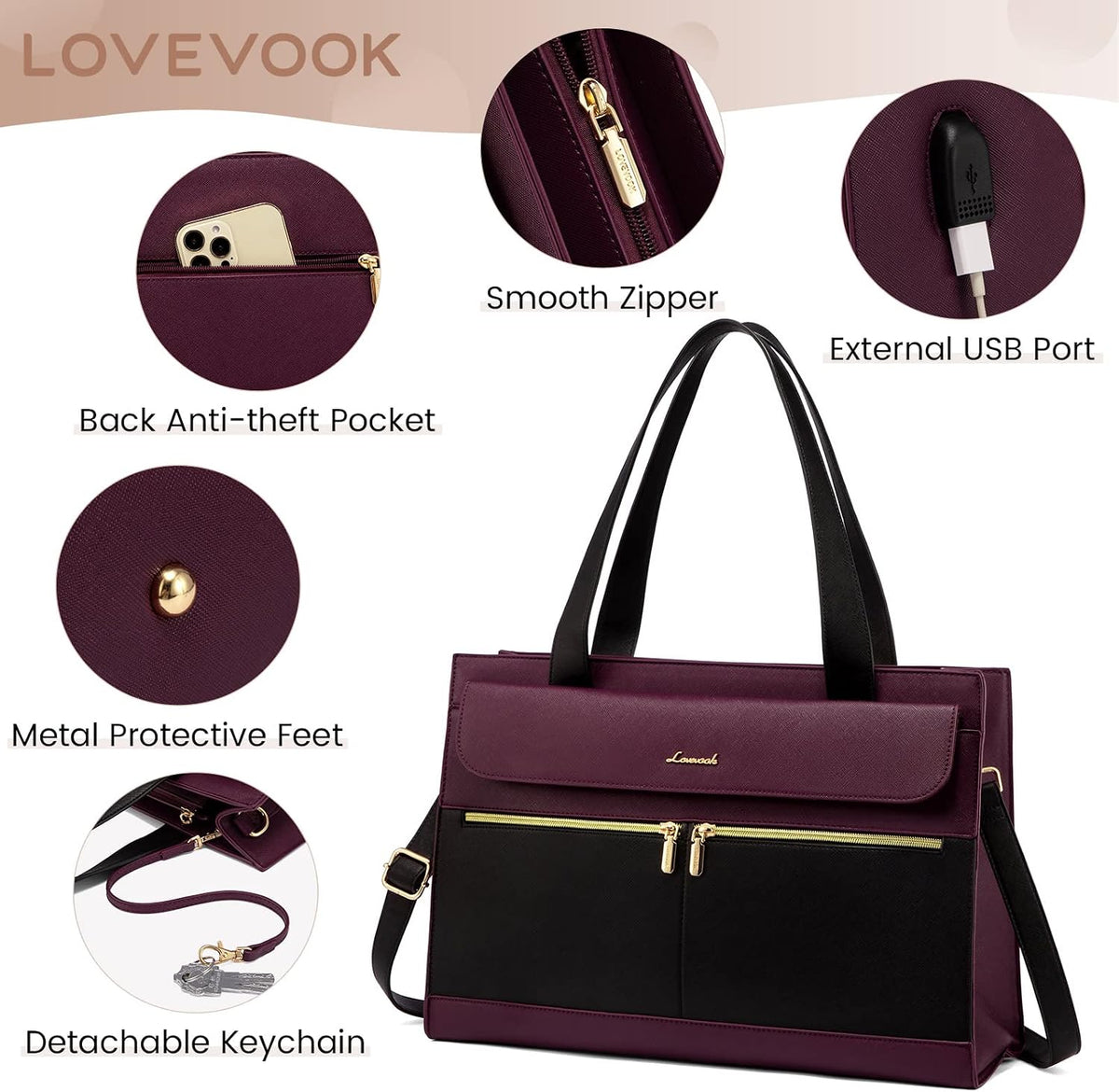 LOVEVOOK Laptop Bag for Women 15.6 Inch Tote Work Professional Leather Computer Briefcase Waterproof Handbag Shoulder Large Capacity Business Teacher Office Crossbody Purse