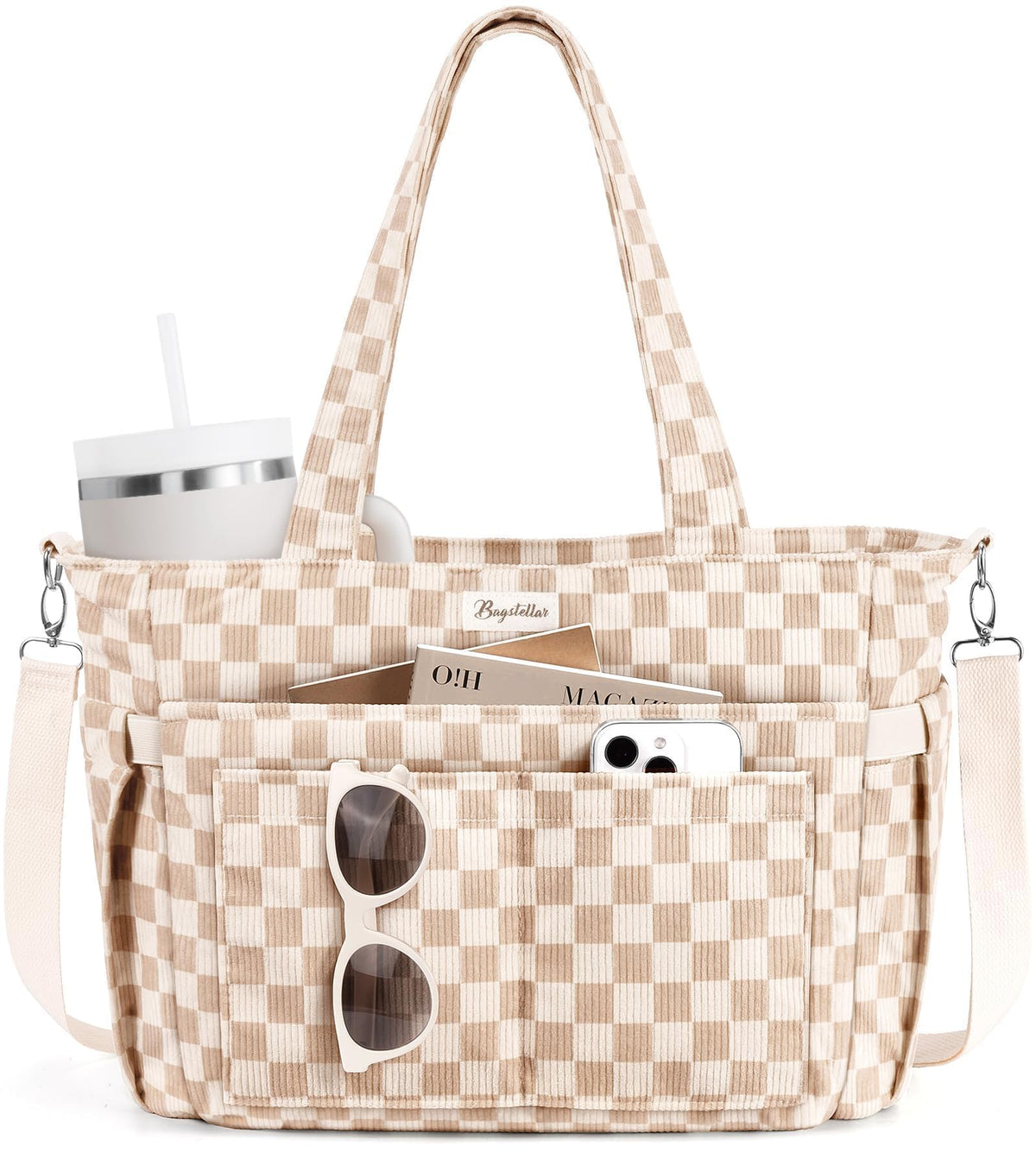 Bagstellar Corduroy Tote Bag for Women, 17 Pockets Laptop Work Tote Purse