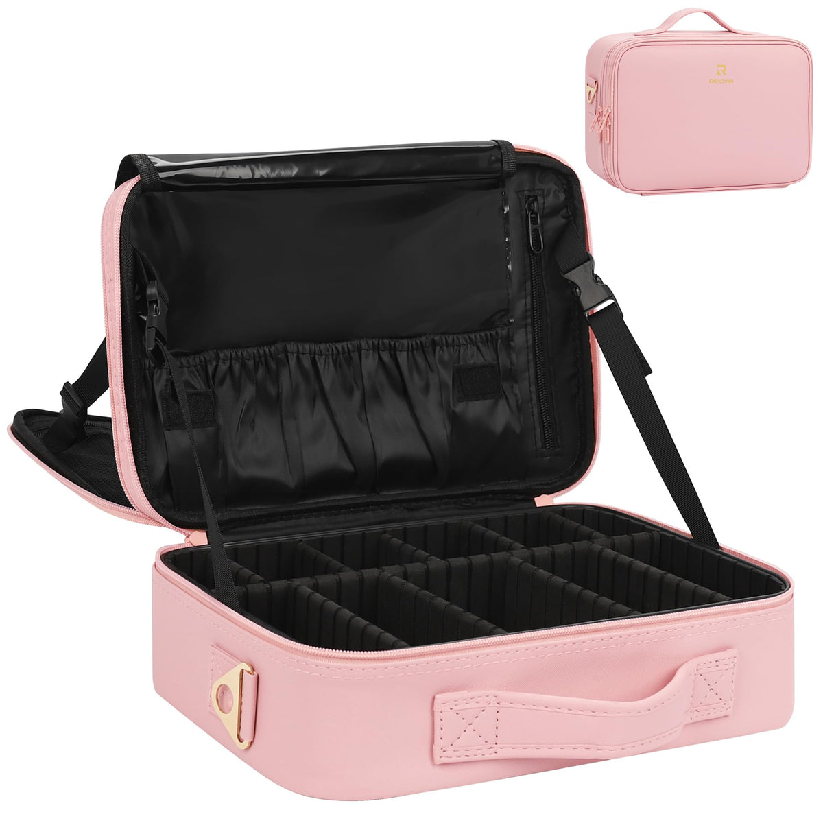 Relavel Makeup Bag Travel Makeup Train Case Large Cosmetic Case Professional Portable Makeup Brush Holder Organizer and Storage with Adjustable Dividers and Shoulder Strap Black