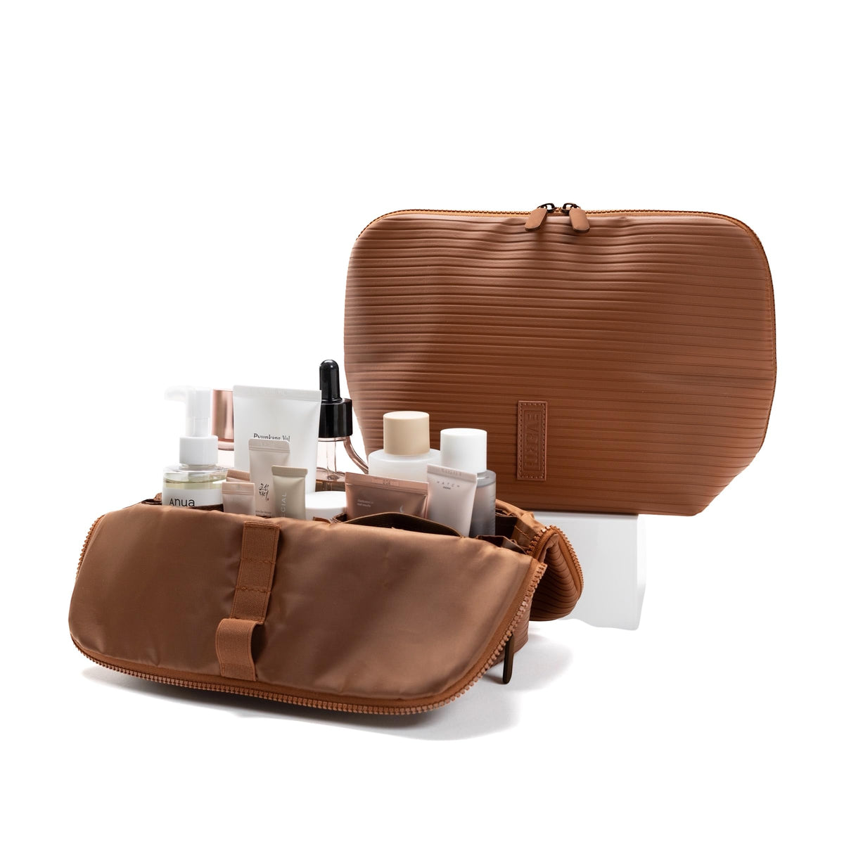THE VERTI-Vertical Waterproof Makeup & Toiletry Bag | 23-Pocket Organizer with Upright, Fold-Down Design for Skincare, Toiletries & Essentials (Sandstone)