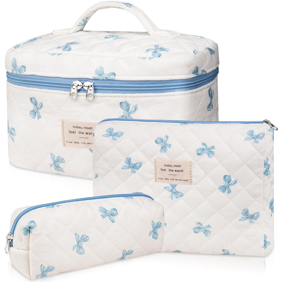 Gosect Makeup Bag, Large Quilted Cosmetic Bag, Big Floral Make Up Bag for Women Girls, Cute Cotton Makeup Bag Set, Flower Travel Toiletry Organizer Bag (Blue Flower)