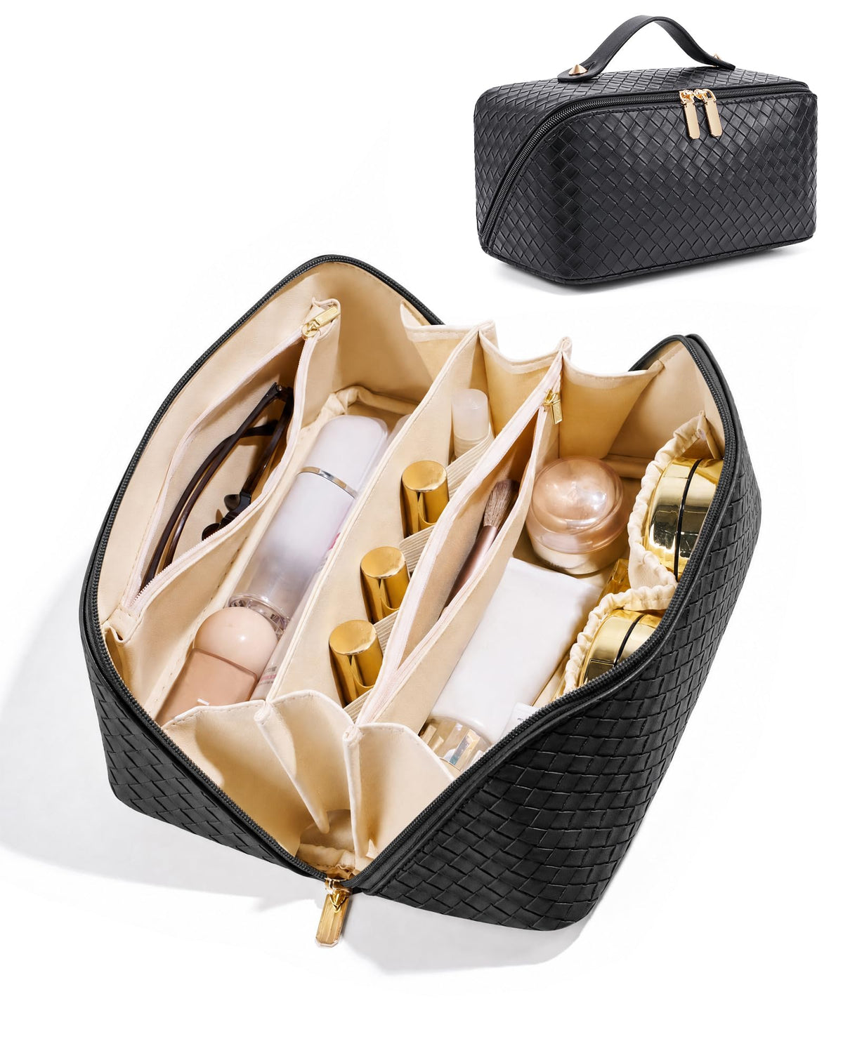 ALEXTINA Travel Makeup Bag, Woven PU Leather Cosmetic Bag, Khaki