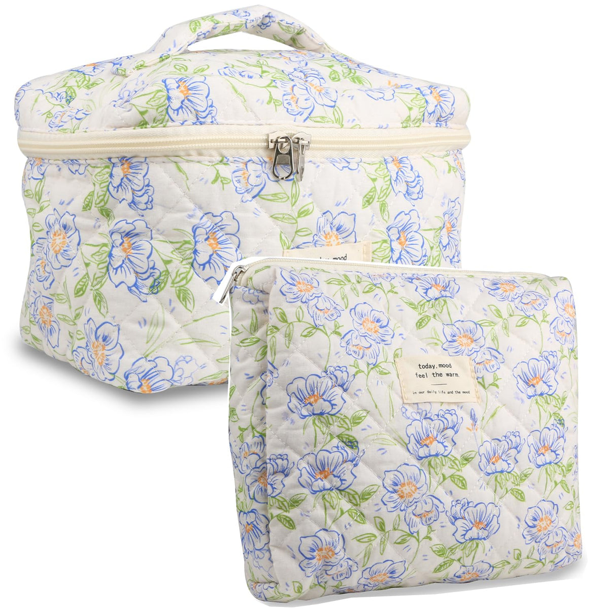 VIWIME Makeup Cosmetic Bag, Large Cotton Quilted Travel Coquette Aesthetic Cute Floral Make up Bag for Women Toiletry Bag Organizer (203- Blue Rose / 4Pcs)