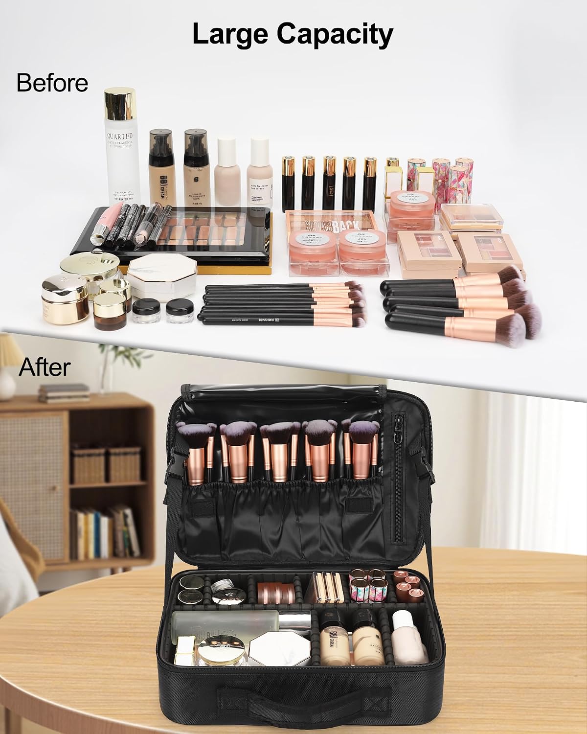 Relavel Makeup Bag Travel Makeup Train Case Large Cosmetic Case Professional Portable Makeup Brush Holder Organizer and Storage with Adjustable Dividers and Shoulder Strap Black