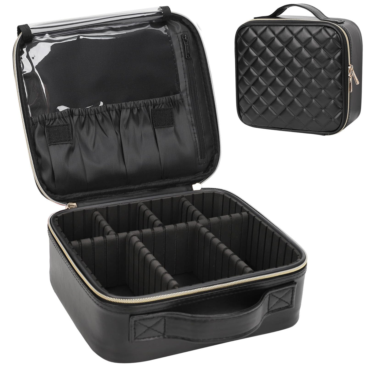 Relavel Extra Large Makeup Case, Makeup Artist Set Bag Professional Cosmetic Organizer Bag Storage Box with Makeup Brush Holder, Adjustable Dividers and Shoulder Strap, Black