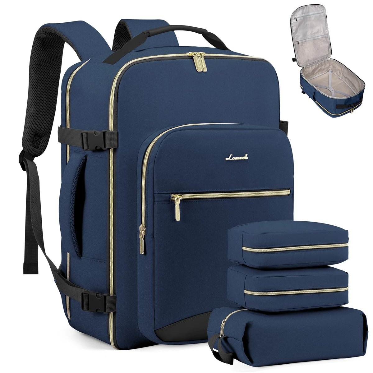 LOVEVOOK 40L Travel Backpack Flight Approved Carry on Backpack,3 Packing Cubes,Waterproof Personal Item Travel Bag,TSA Carry on Luggage Suitcase Travel Essentials,Gifts for Women & Men,fits 17" Laptop