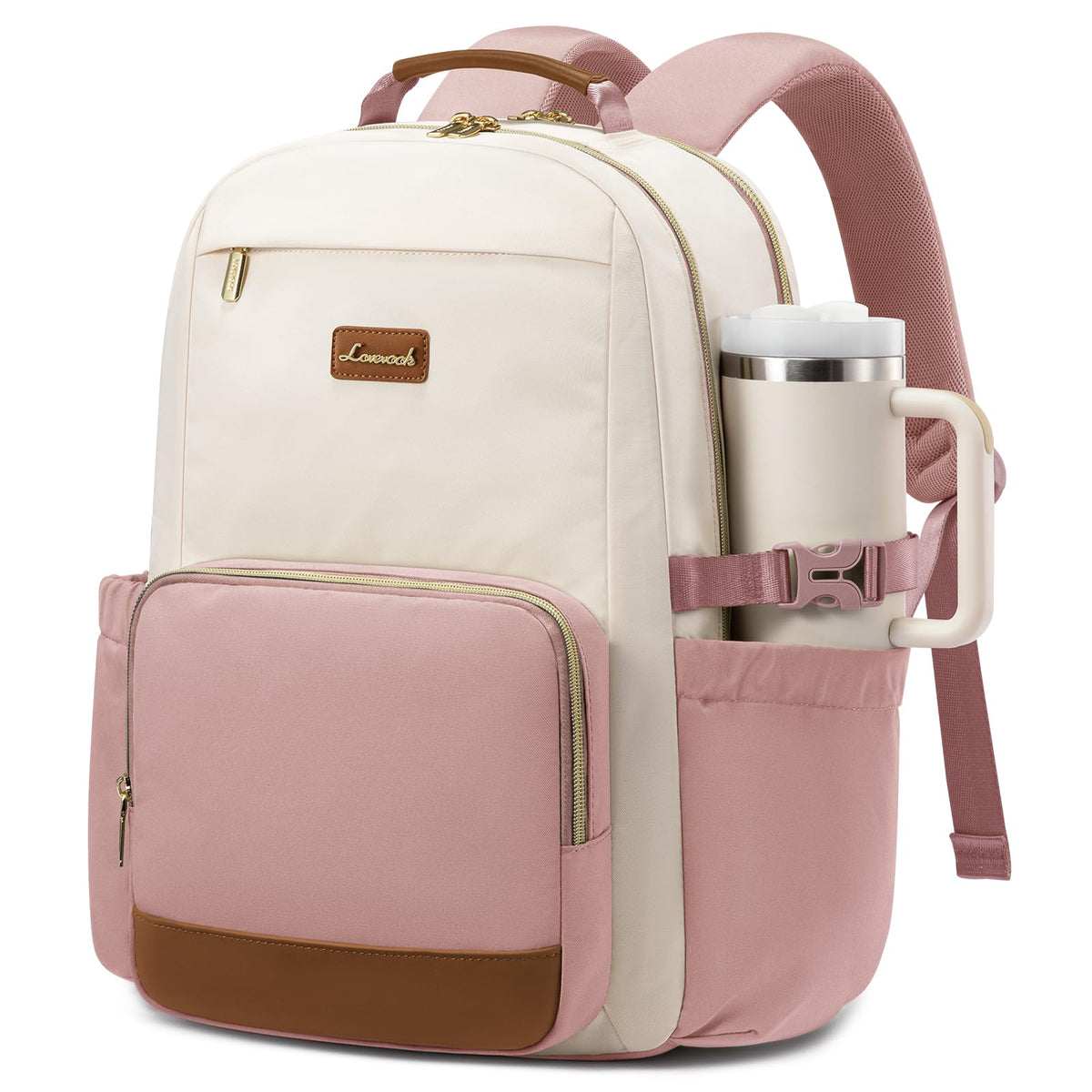 LOVEVOOK Laptop Backpack for Women with Pouch Pocket for Large Capacity Cup,15.6 Inch Laptop Computer Bag Travel Backpack Purse,Waterproof Work Business Backpack College Teacher Bags,Beige-Black-Brown