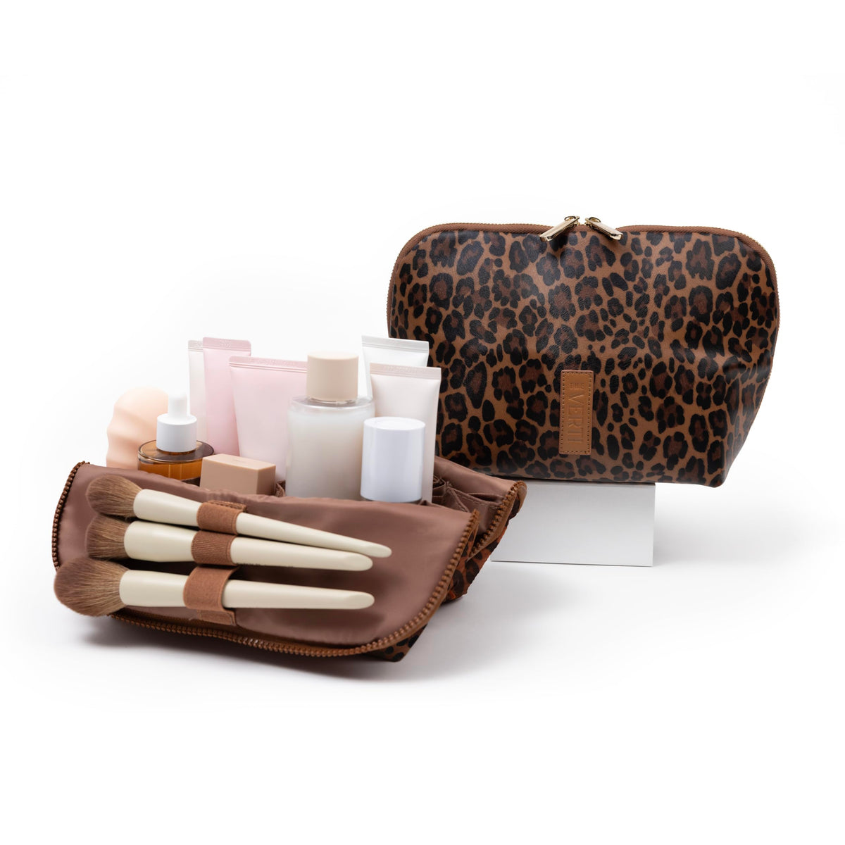THE VERTI-Vertical Waterproof Makeup & Toiletry Bag | 23-Pocket Organizer with Upright, Fold-Down Design for Skincare, Toiletries & Essentials (Sandstone)