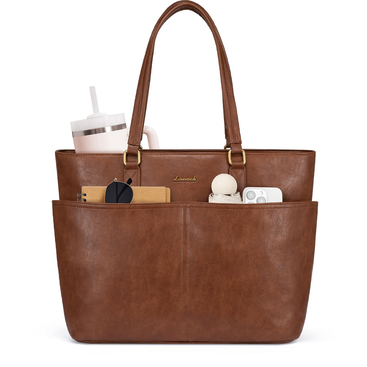 LOVEVOOK Work Tote Bags for Women, Vintage Leather 15.6 Inch Laptop Bag with Large Cup Holder, Teacher Nurse Medical Professional Computer Bag, Office Briefcase Handbag Gift