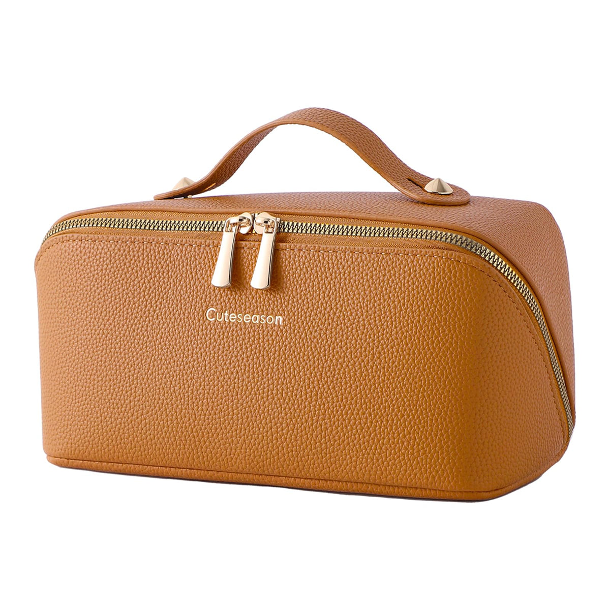 PU Leather Makeup Bag for Women, Structured Makeup Case with Wide Opening, Travel Cosmetic Bag with Compartments and Handle, Water-Resistant Makeup Organizer(Khaki, Lychee Grain)