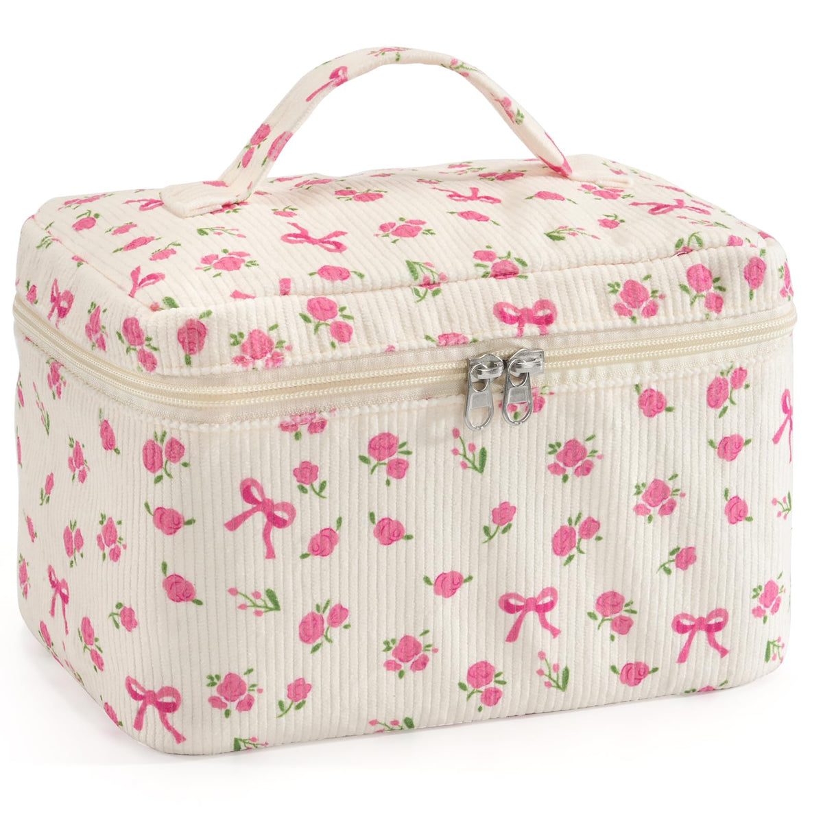 Makeup Bag for Women 3PCS Quilted Cotton Make Up Bag Travel Cosmetic Bag Large Makeup Bag Set Cute Makeups Organizer Floral Toiletry Pouch for Purse, Pink Floral D