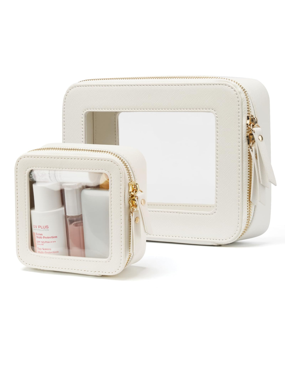 Popvibe Clear Makeup Bag Travel Cosmetic Case Transparent Toiletry Bag with Zipper, Portable Make Up Organizer Traveling Compact Car Bag for Essentials, Gold, Large