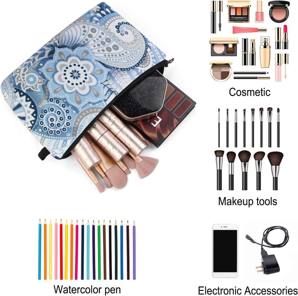 MAGEFY Makeup Bag 6 Styles Portable Travel Cosmetic Bag for Women Flower Patterns Zipper Pouch Sloth Gifts Makeup Pouch with Black Zipper (6 packs)