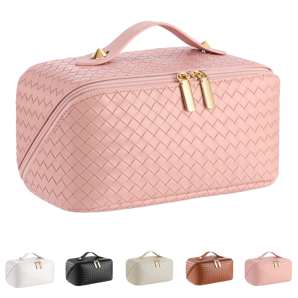 ALEXTINA Travel Makeup Bag, Woven PU Leather Cosmetic Bag, Khaki