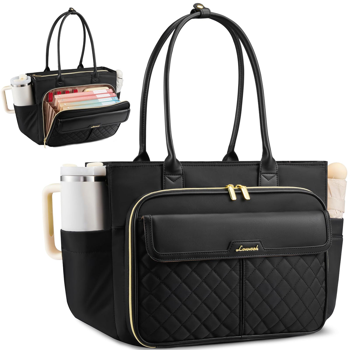 LOVEVOOK Teacher Tote Bag for Women, Work Laptop Bag Gift with Large Cup Holder, Quilted Nurse Bag Diaper Tote with Multi-Pockets, Large Computer Handbag Purse for Bussiness Travel, Office, College