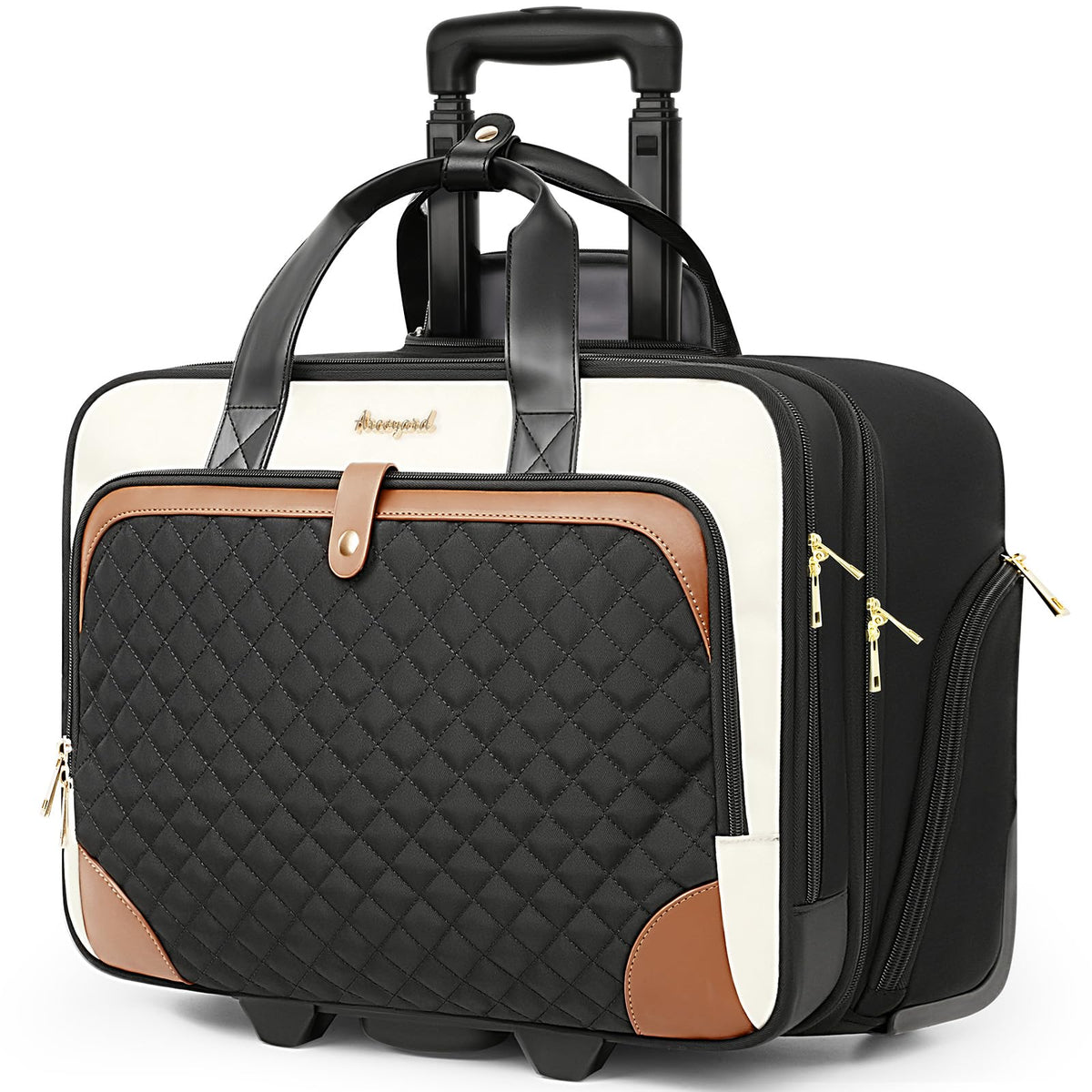 Arcoyard Rolling Laptop Bag, Rolling Briefcase for Women with Waterproof Pocket, 17 Inch Computer Bag, Underseat Carry On Luggage with Wheels for Work Travel Business, Lightweight Beige Brown