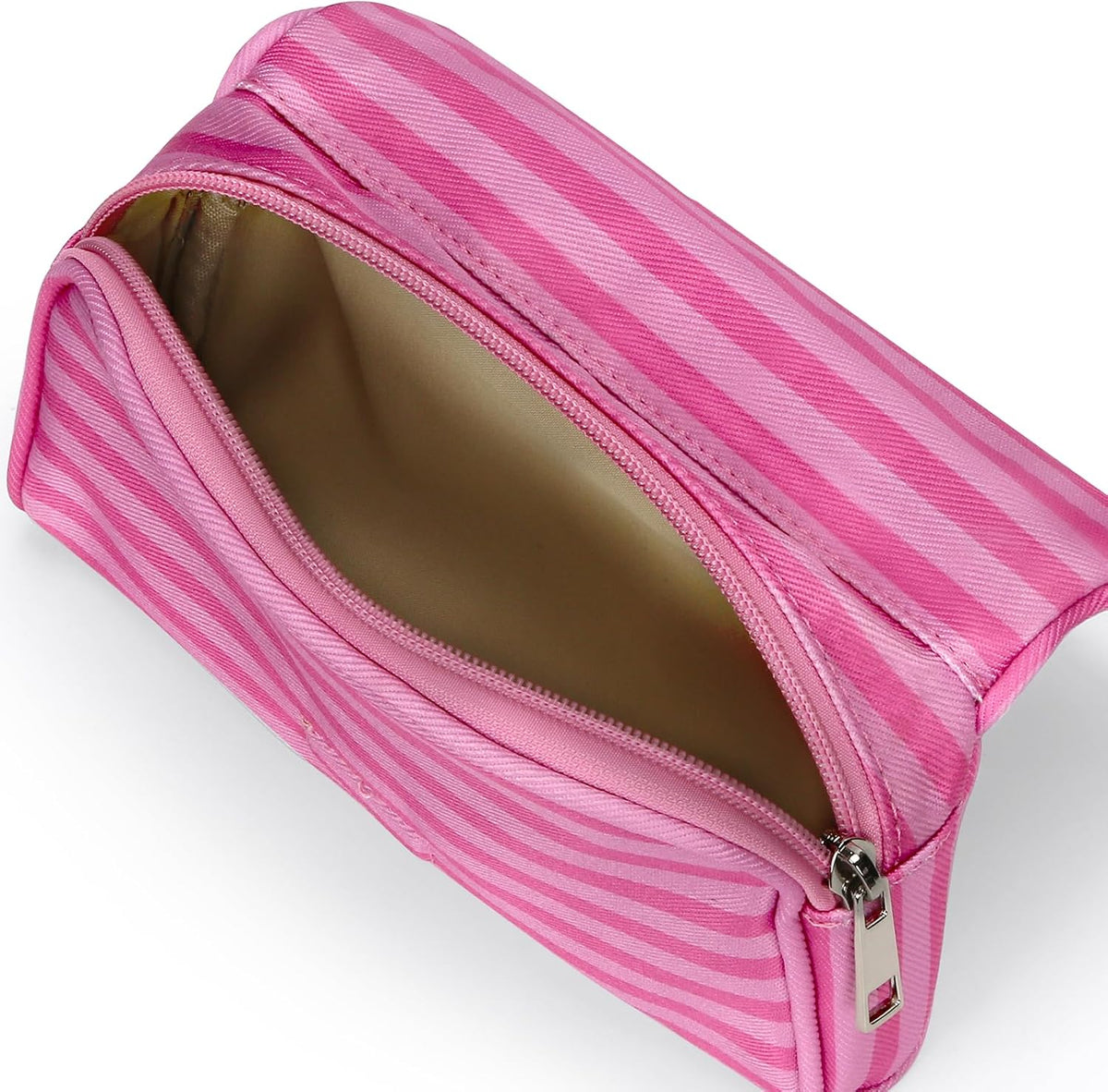 Women’s Cute Nylon Makeup Bag with Built-in Mirror, Protable Lightweight Cosmetic Bag, Trendy Toiletry Bag for Travel (Pink Stripe)